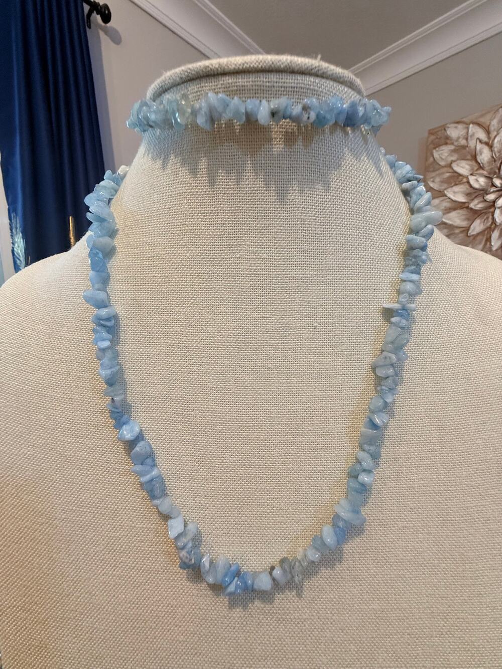 Vintage Light Blue Stone Chip Necklace 32” Long Boho Gemstone Strand
